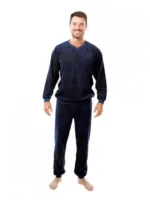 Férfi sötétkék hosszú pizsama kényelmes frottír anyagból készült