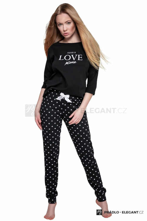Női hosszú fekete-fehér pamut pizsama nyomtatott mintával
