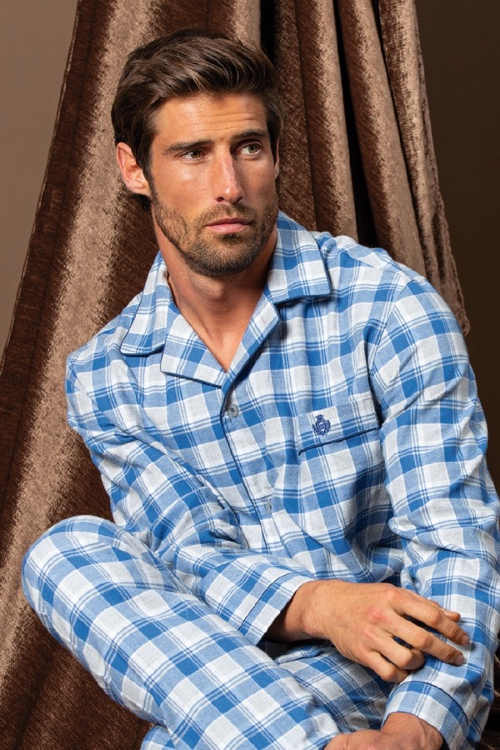 Pamut férfi hosszú ujjú pizsama gombos elülső résszel