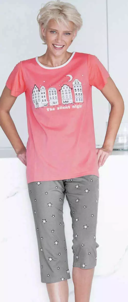 Rózsaszürke női nyári pizsama háromnegyedes nadrággal