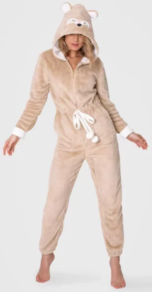 Meleg női mikroplüss pizsama overál bézs mackó kapucnival