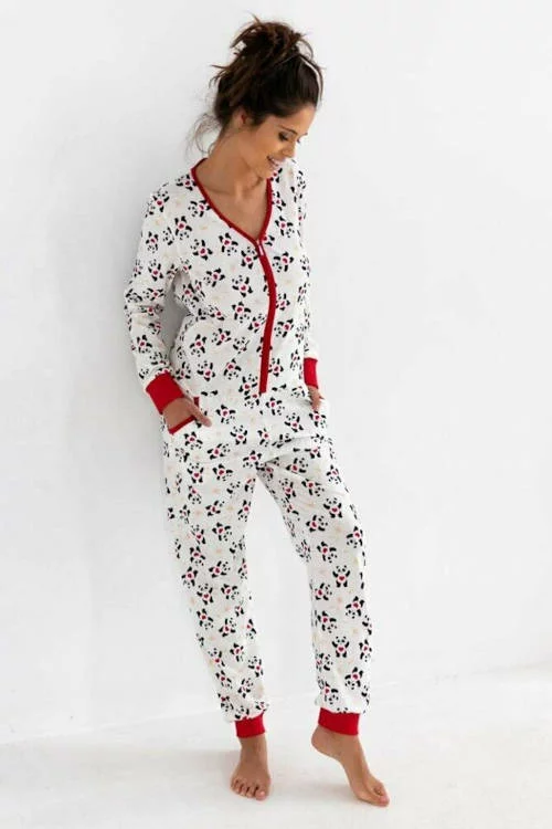 Luxus női plüss pizsama overál Panda fehér-piros